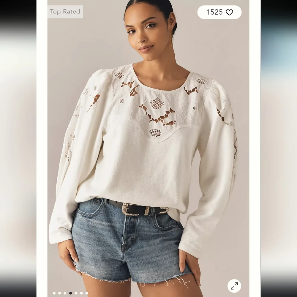 Anthropologie Lace Cutwork Mutton-Sleeve Top, Size Large - Picture 10 of 12